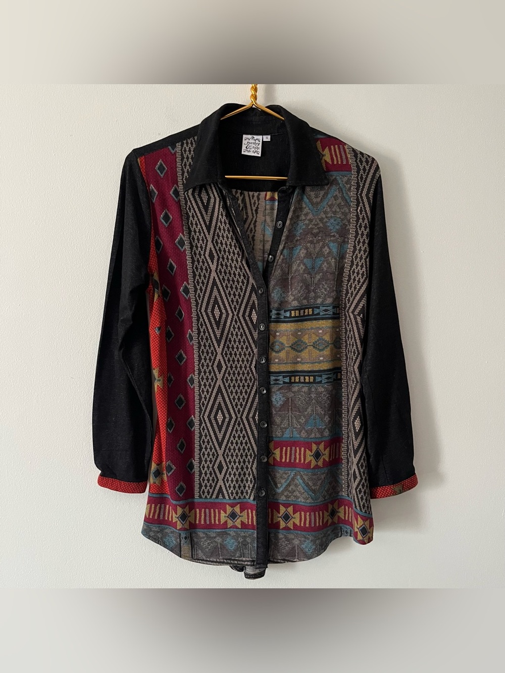 Parsley & Sage Black Burgundy Gold Southwestern Aztec Mixed Print Button Tunic S